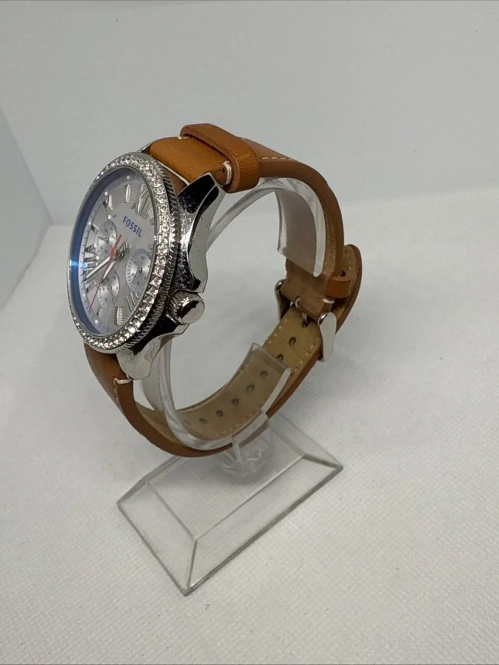 Fossil AM4623 Cecile Crystal Accented 40mm Quartz Brown Leather Strap Women's